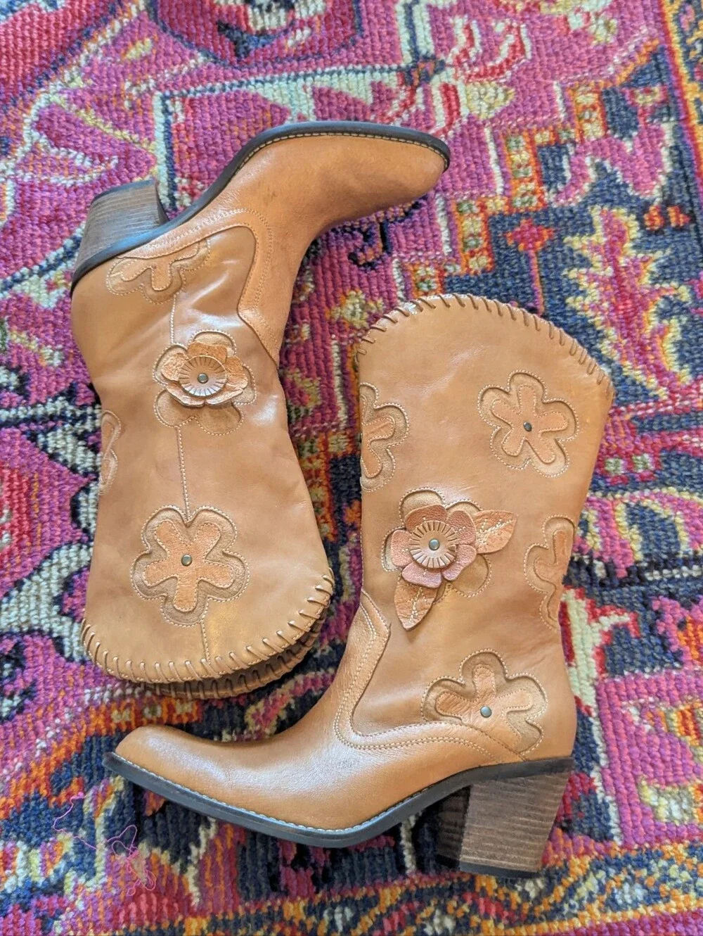 Women's Candida Brown Floral Leather Cowboy Boots Sz 7.5 - Picture 2 of 6